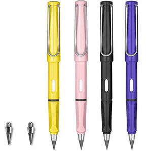 4PCs of Never Ending Inkless Pencils Infinity Everlasting Replaceable Graphite Extra 2PC Nibs Set with 1PC of Pencil Case Portable Eraser Reusable Unlimited Writing Triangle Golf Stationary Set